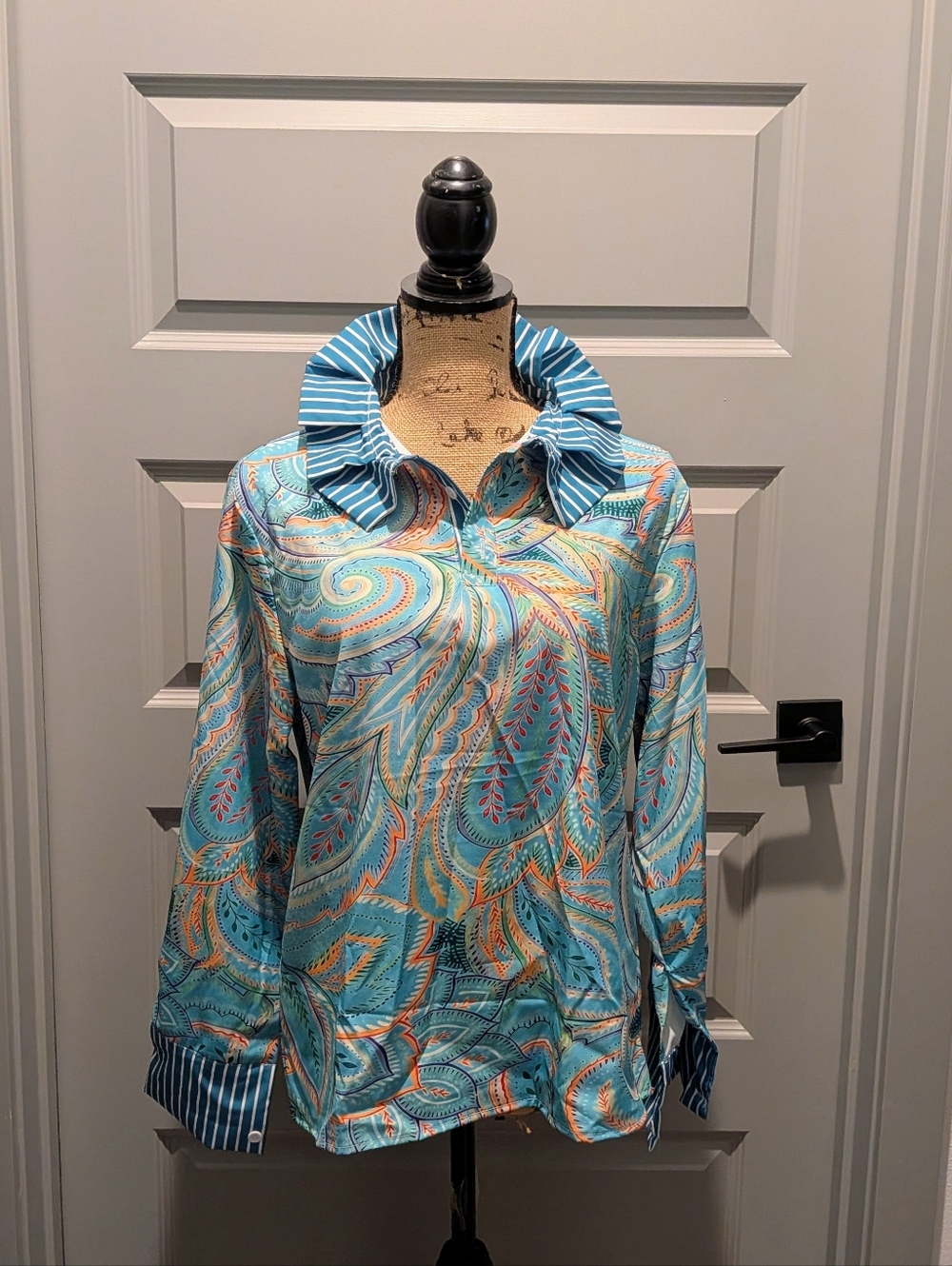 Vibrant Turquoise Paisley Long sleeve Blouse - Picture 3 of 5